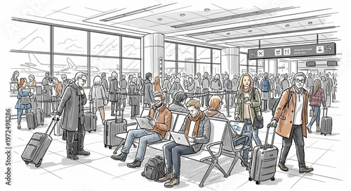 Airport terminal scene with travelers waiting and walking.