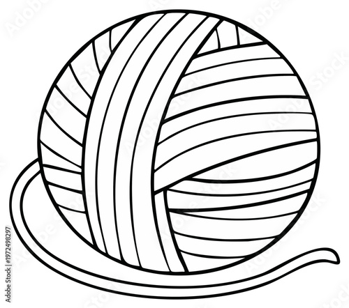 Black and white illustration of a ball of yarn with a strand