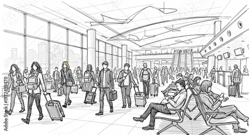 Airport Terminal Sketch - People Waiting and Walking with Luggage.
