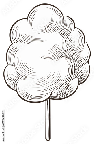 Cotton candy drawing on stick in engraved style. Confectionery sugar treat.