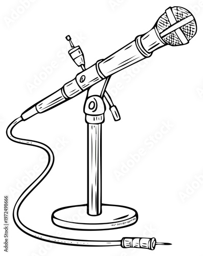 Artistic illustration of a vintage microphone on a stand with a cable and plug