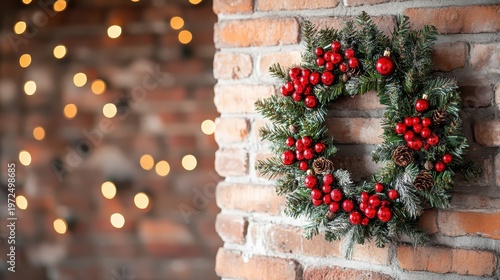 Rustic Christmas wreath with red berries and pinecone hanging on a brick wall with festive bokeh lights