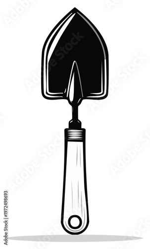 Stylized garden trowel illustration with wooden handle and metal scoop