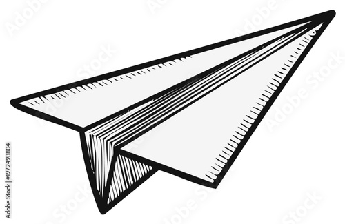 Drawn paper airplane illustration flying upwards, concept for travel, adventure, and communication.