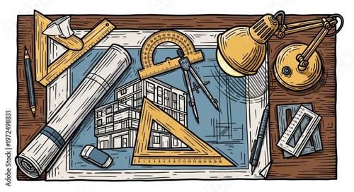 Architects Desk - Blueprint, Tools, and Lamp in Detailed Illustration.