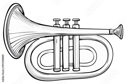 Illustration of a brass trumpet musical instrument isolated on white