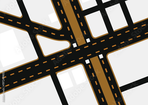 Angled overhead perspective of an urban map layout featuring dark brown and black roads with yellow dashed lines between large off-white blocks.
