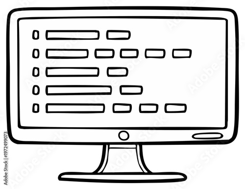 Doodle style computer monitor displaying code or data in a simplistic line art illustration