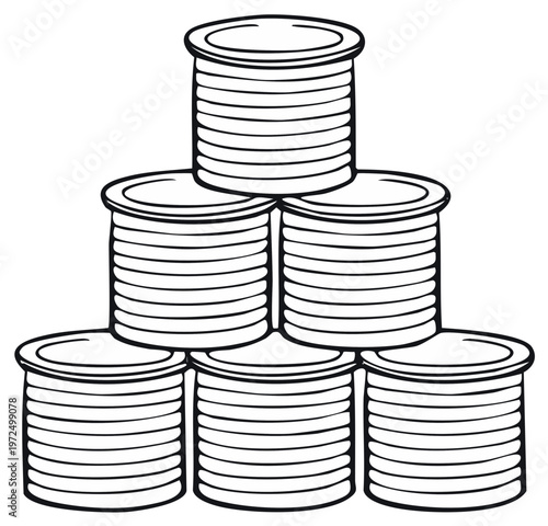 Stack of canned food vector illustration, black and white metal cans arranged in a pyramid shape, contour sketch drawing for coloring