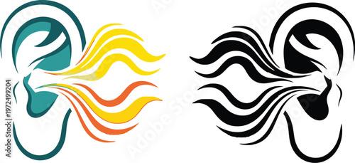 Two stylized ears a colorful and a black and white illustration