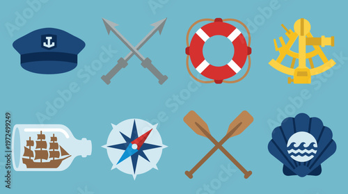 Nautical and Marine Icons Set, Captain Hat, Crossed Harpoons, Lifebuoy, Sextant, Ship in a Bottle, Compass Rose, Oars, Shell with Sea Waves Vector