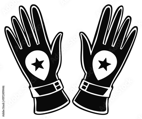 Pair of black and white gloves with stars, retro fashion design.