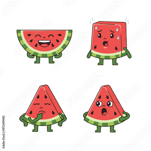 Funny Watermelon Slices Characters with Different Emotions, Happy, Worried, Thinking and Surprised Expressions, Fruit Mascot Vector Illustration