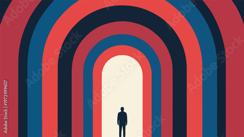 Minimalist silhouette of a person walking through colorful geometric archways