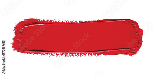 Thick horizontal stroke of vibrant red lipstick or oil paint with visible brush bristle texture isolated on a plain white background