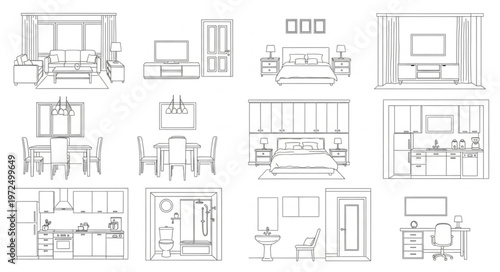 Architectural Drawings of Interior Spaces and Furniture Layouts.