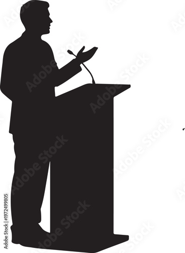 Person delivering a speech at a podium with a microphone in hand silhouette vector icon
