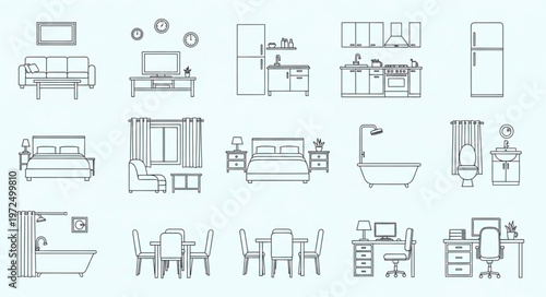 Architectural Floor Plan Icons - A Detailed Collection of Interior Spaces.
