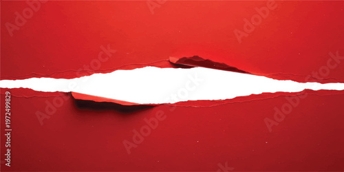Bright red paper sheet with a horizontal rip across the center revealing a white background underneath with jagged torn edges and textured fibers visible along the opening of the paper tear