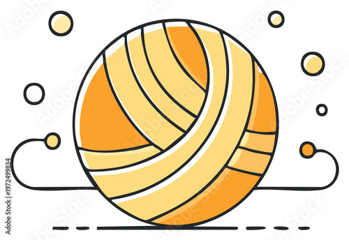 Illustration of yellow ball of yarn with thread, bubbles, and dashed line.