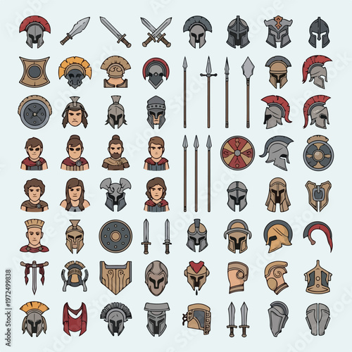 Collection of ancient warrior and spartan soldier icons.