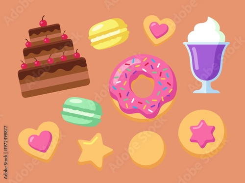 Delicious Sweet Dessert and Bakery Products Set with Chocolate Cake, Macarons, Glazed Donut, Cupcake and Heart Shaped Cookies Vector Illustration
