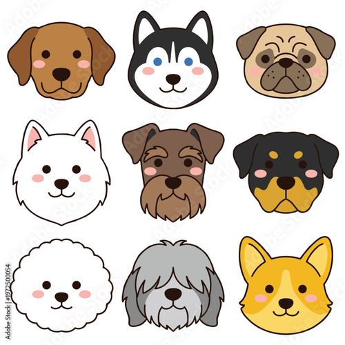 Various Dog Breed Faces Collection with Golden Retriever, Husky, Pug, Terrier and Corgi, Cute Pet Avatar Vector Illustrations Isolated on White