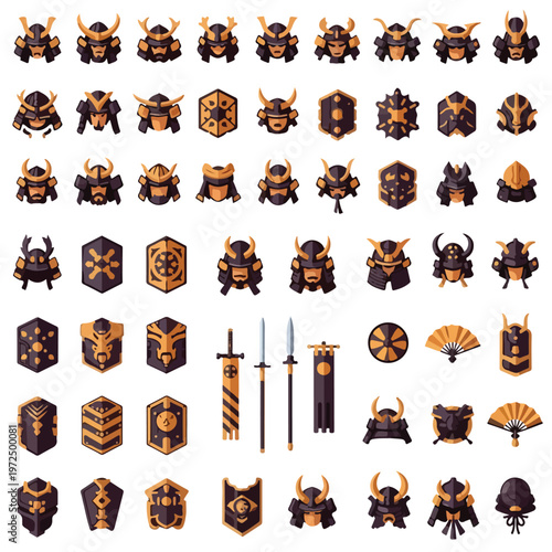 Collection of Japanese Samurai Helmets Armor Shields and Weapons Icons.