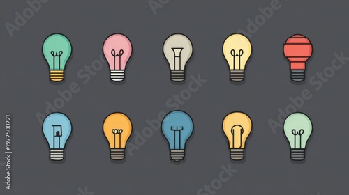 Collection of ten colorful light bulbs arranged in two rows