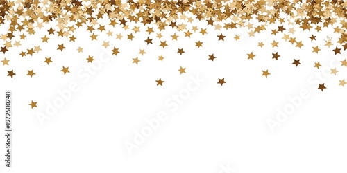 Gold star confetti falling from the edge on a solid white background creating a festive border effect with scattered metallic shapes of varying sizes and orientations