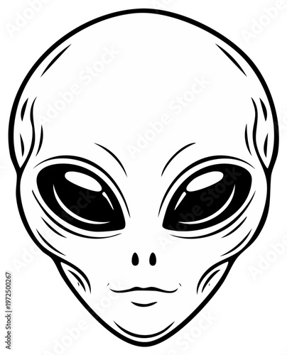 Stylized illustration of an extraterrestrial creature's head with large dark eyes and a smooth bald cranium