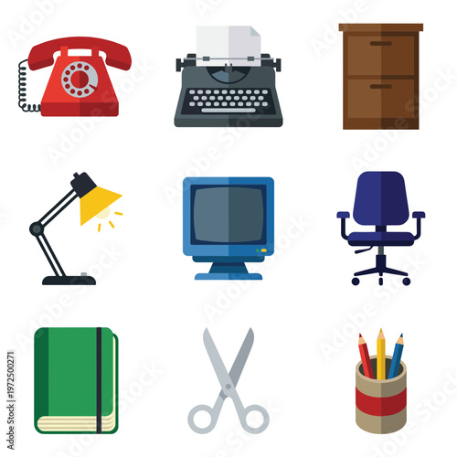 Vintage and Modern Office Equipment and Stationery Icons Set, Telephone Typewriter Cabinet Computer Scissors and Notebook Vector Graphic Symbols