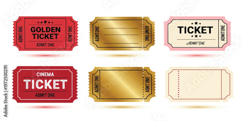 Six rectangular admission tickets in red gold and cream colors with text reading golden ticket cinema ticket and admit one isolated on a white background