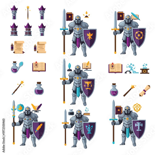 Fantasy RPG Knight Characters and Magical Items Set.