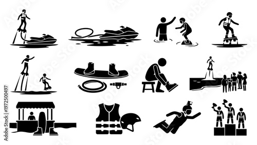 Flyboard and Jet Ski Silhouette Icon Set – Water Sports Equipment, Training, Safety and Activity Scenes