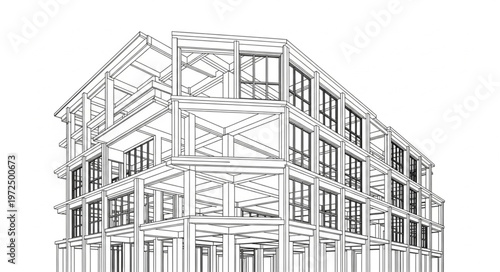 Architectural Sketch of a Multi-Story Building Under Construction.