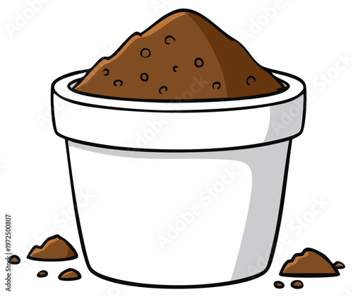 Illustration of pile of soil dirt in a white pot container with pieces of brown earth scattered around on a clean background