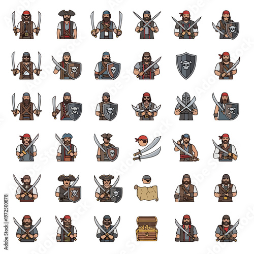 Collection of Pirate Characters and Nautical Equipment Icons.