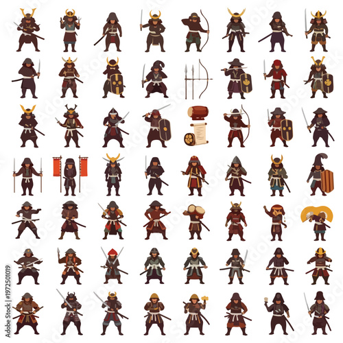 Collection of Japanese Samurai Warrior Characters in Various Poses.