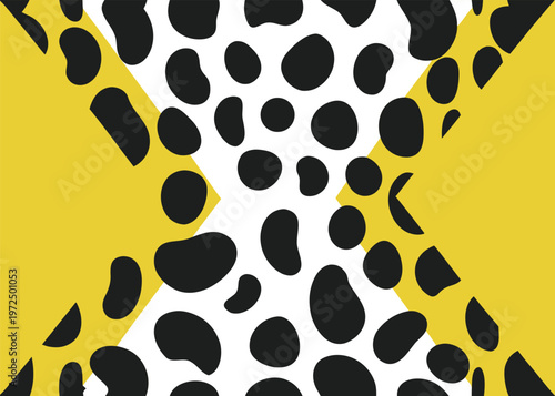 Dense black organic spots on a white background are framed by two bright yellow triangular shapes encroaching from the left and right sides.