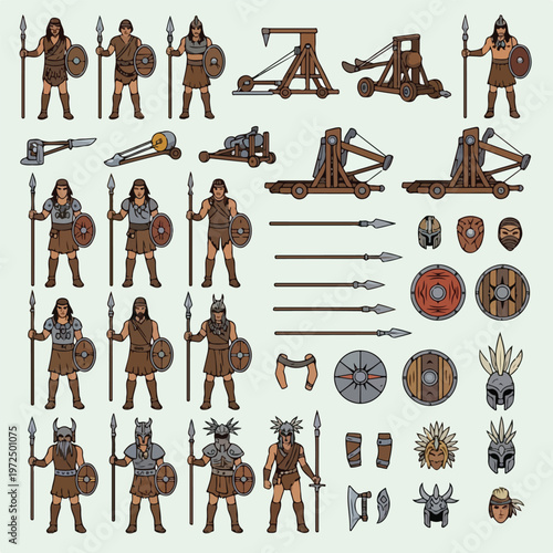 Ancient Celtic Warriors and Medieval Siege Engines Set.