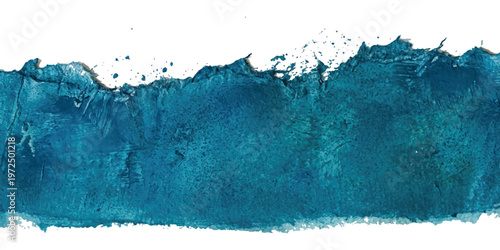 Horizontal strip of dark teal blue paint with a rough textured edge and visible brush strokes isolated on a white background