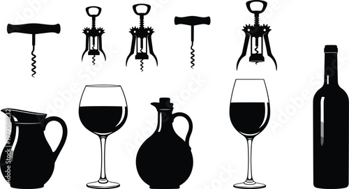 Black and white silhouettes of wine bottles, glasses, decanters, and corkscrews, representing luxury dining,