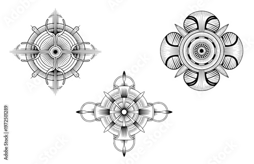 Symmetry, geometric ornaments, mystic symbols, monochrome mandala set, spiritual sacred geometry, occult emblems for branding and tattoo design, vector line art