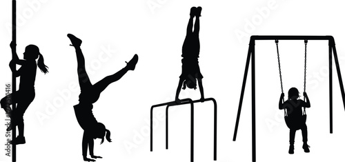 Black silhouettes of children playing on playground equipment, climbing poles, doing handstands, swinging on swings, and performing gymnastics on parallel bars.