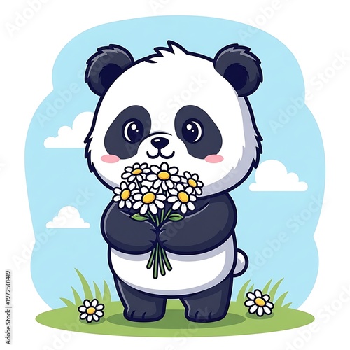 Cute panda holding a bouquet flowers.