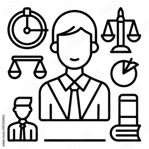 Law, justice, and business icons, lawyer, attorney, legal profession, symbols set, line style