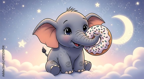 Cute elephant eating donut in space.