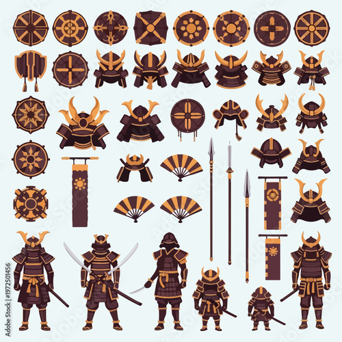 Collection of Japanese Samurai Warrior Equipment and Armor Icons.