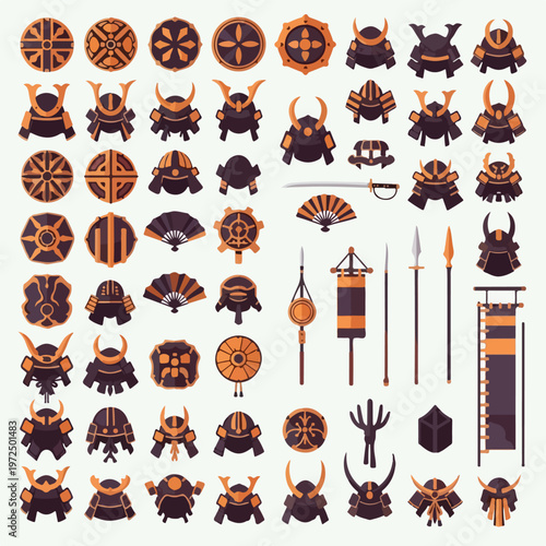 Collection of Japanese Samurai Warrior Helmets and Traditional Weapons Icons.